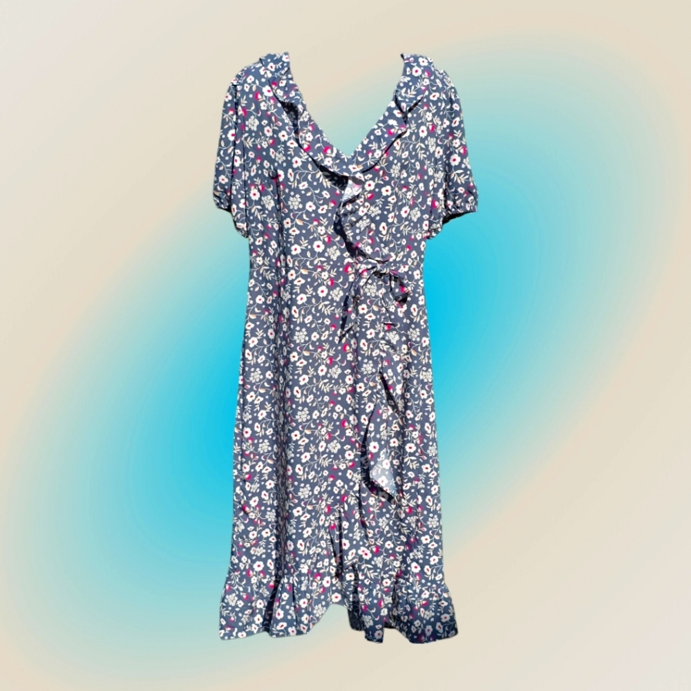 LOFT Flutter Sleeve Floral Ruffle Faux Wrap Midi Dress